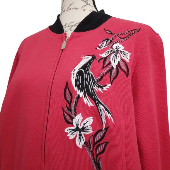Bob Mackie | Embroidered Bird Flowers Knit Jacket Full Zip Red | Size XL - Picture 1 of 10